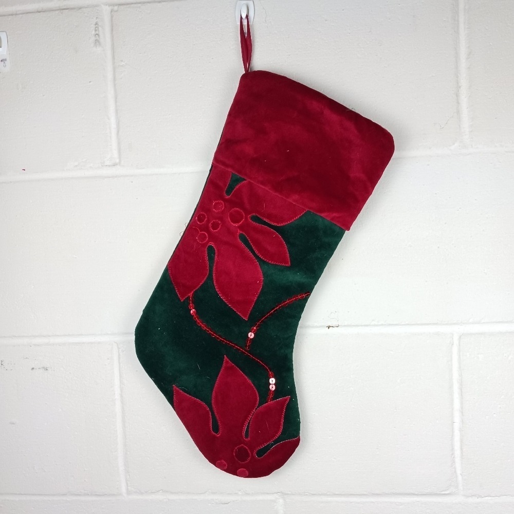 Vintage Dan Dee Velvet Christmas Stocking Sequin Poinsettia Red And‎ Green